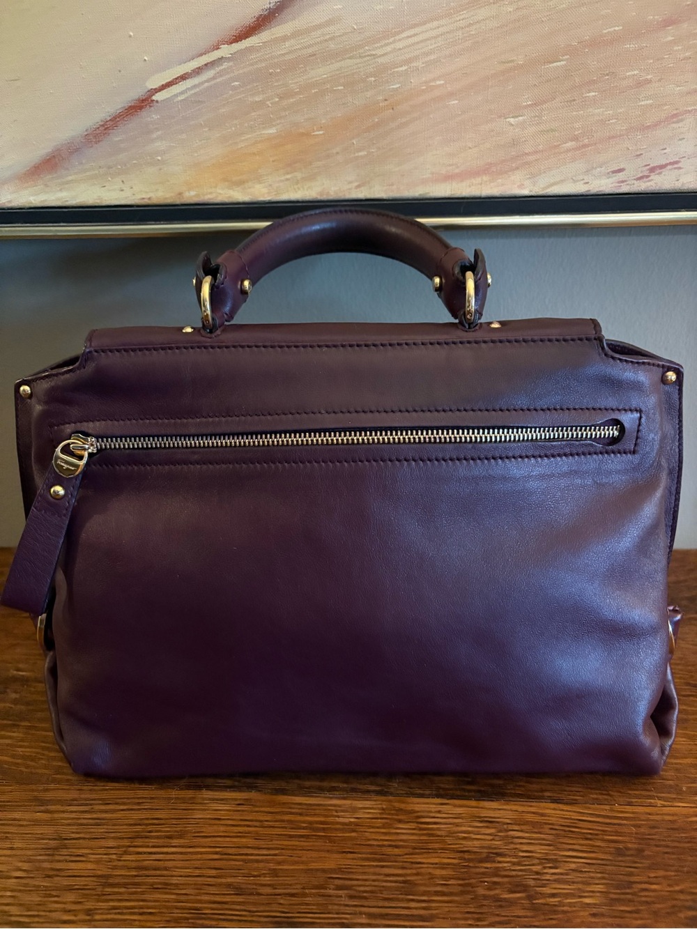 Salvatore Ferragamo Sofia Satchel Crossbody Large Plum Leather Gold- EXCELLENT - Picture 3 of 17